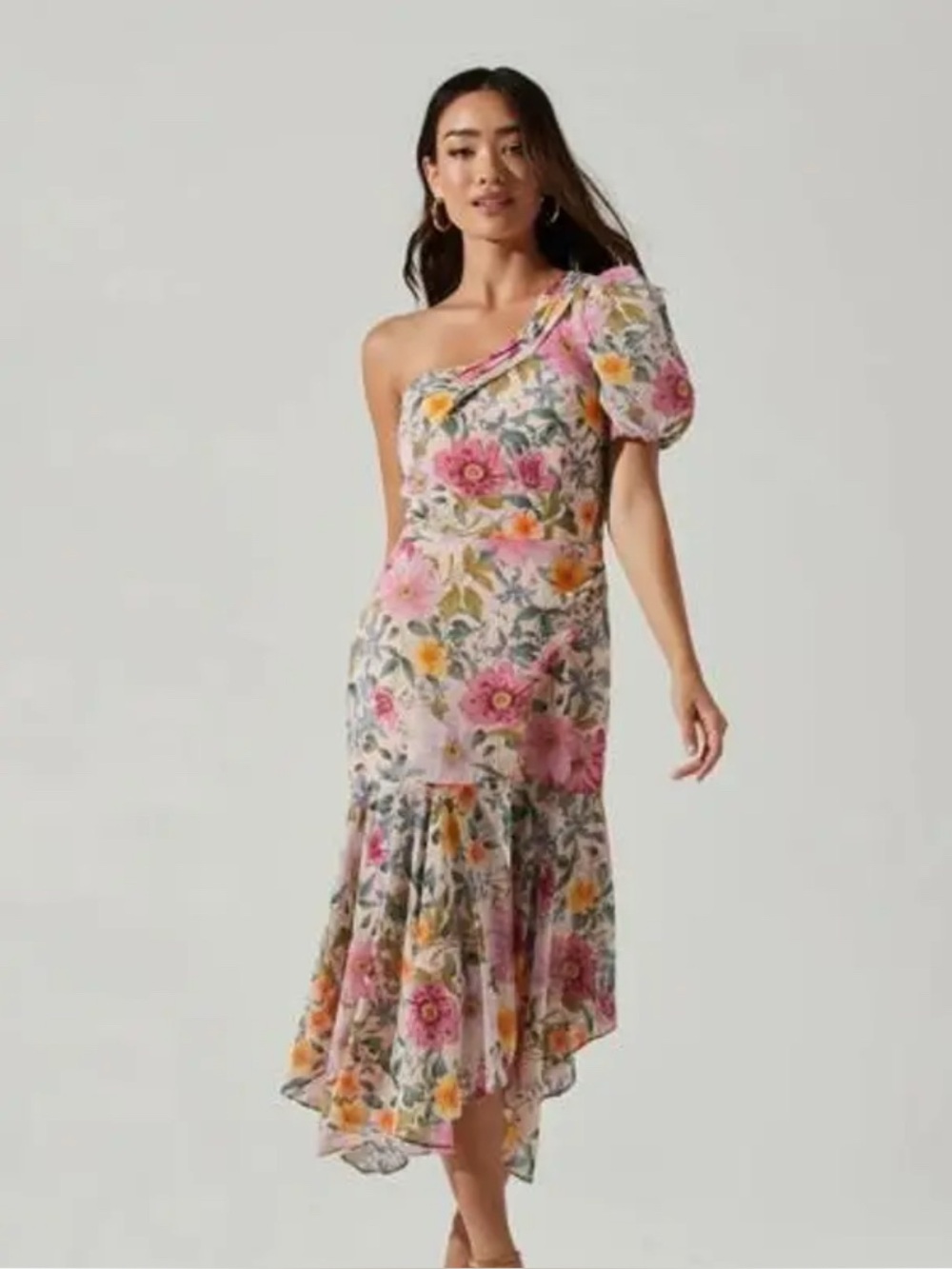 ASTR the Label Santorini Dress One Shoulder Floral Asymmetrical Midi Romantic M